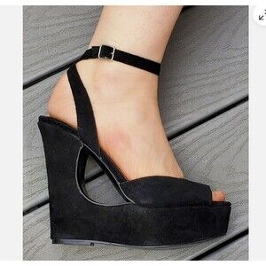 Steve Madden Decoy Black Suede Cut out HIGH wedge sandal 2010s Retro sz 8 NWT
